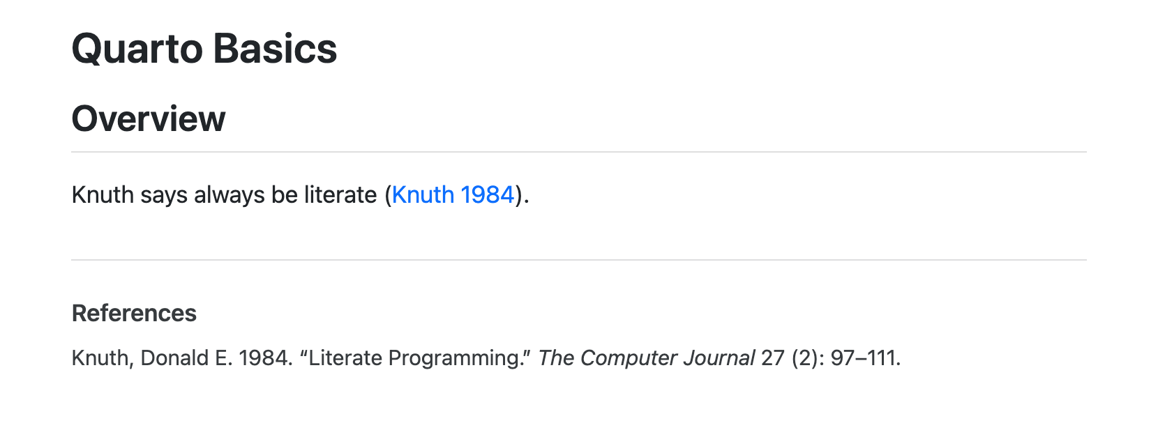 Rendered document with references section at the bottom the content of which reads 'Knuth, Donald E. 1984. Literate Programming. The Computer Journal 27 (2): 97-111.'