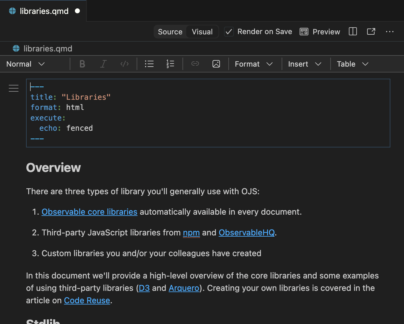 Positron with a document called `libraries.qmd` open in visual editing mode. The subtitle and list of items are typeset. The visual editing toolbar is visible at the top of the document.